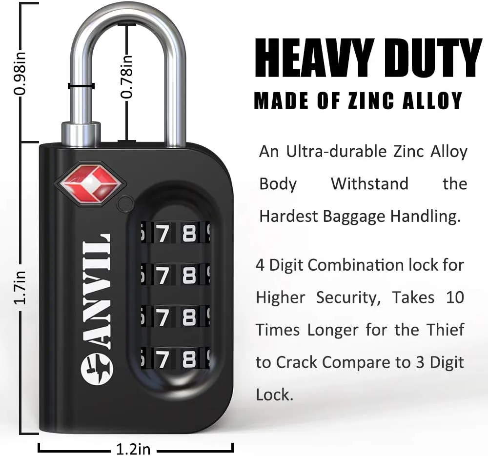 ANVIL TSA Approved Luggage Lock - 4 Digit Combination, 10,000 Combinations, Easy-Read Password Window, Travel Lock for Suitcases, Backpacks, Gym & Student Lockers, Baggage