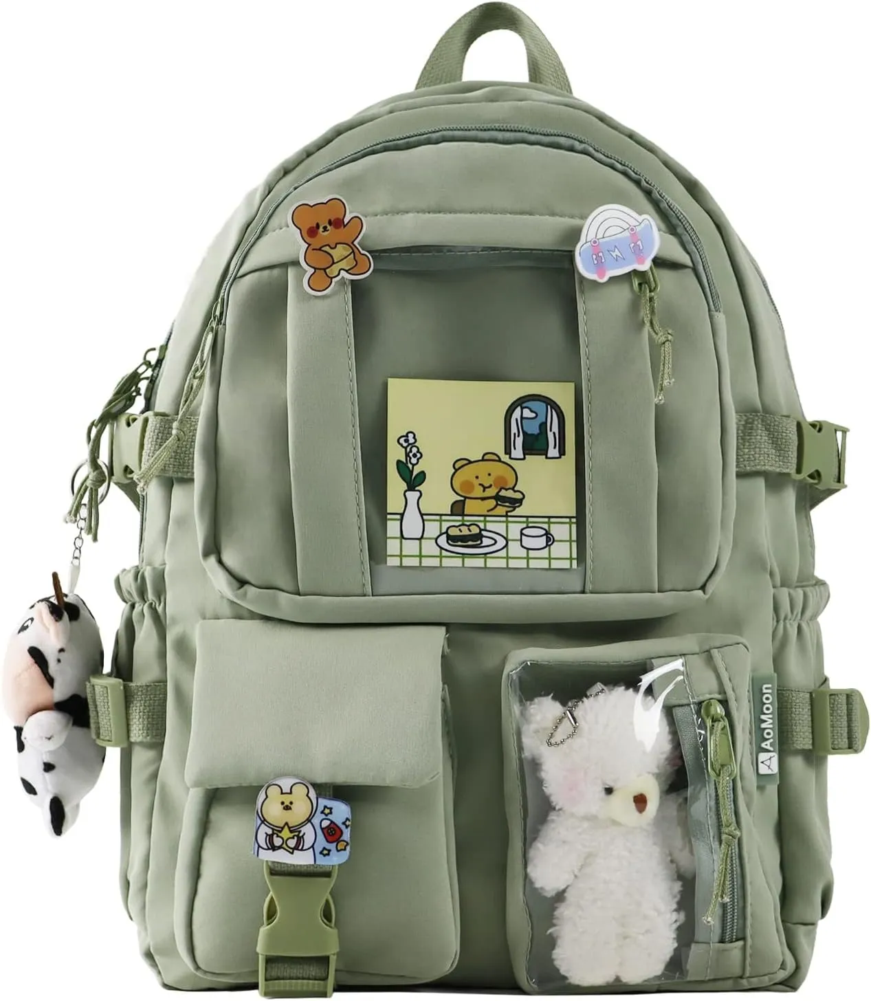 AoMoon Kawaii Backpack Lovely Pastel Rucksack for Teen Girls Aesthetic Student Bookbags with Kawaii Pin and Cute Accessories (Green-C)