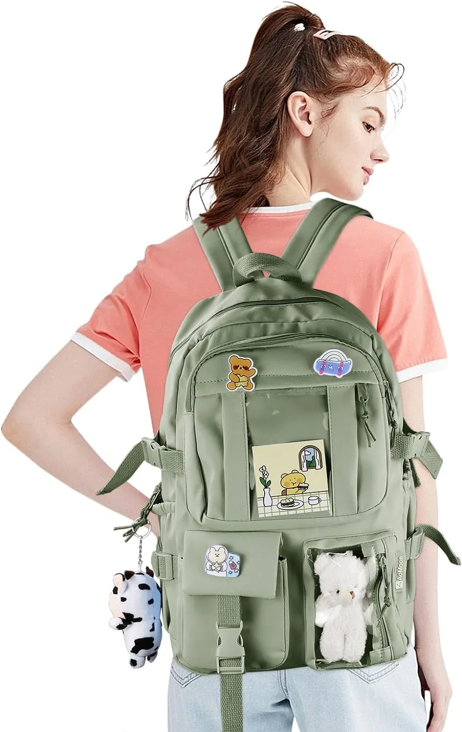AoMoon Kawaii Backpack Lovely Pastel Rucksack for Teen Girls Aesthetic Student Bookbags with Kawaii Pin and Cute Accessories (Green-C)