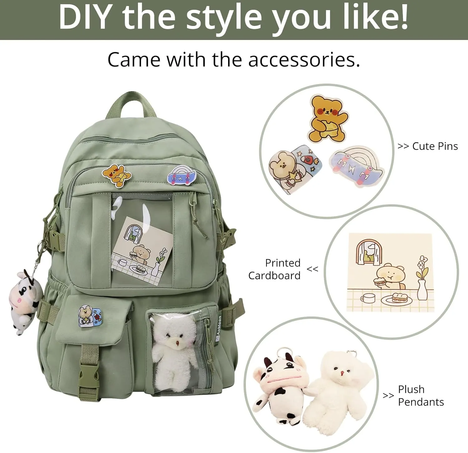 AoMoon Kawaii Backpack Lovely Pastel Rucksack for Teen Girls Aesthetic Student Bookbags with Kawaii Pin and Cute Accessories (Green-C)