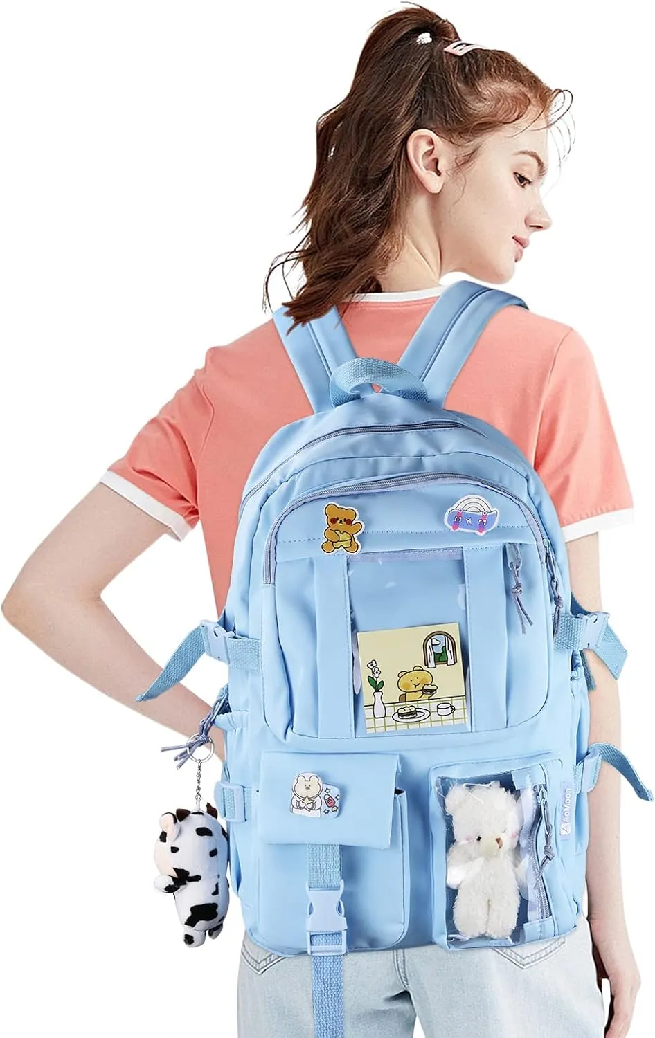 AoMoon Kawaii Backpack Lovely Pastel Rucksack for Teen Girls Aesthetic Student Bookbags with Kawaii Pin and Cute Accessories (Light Blue-C)