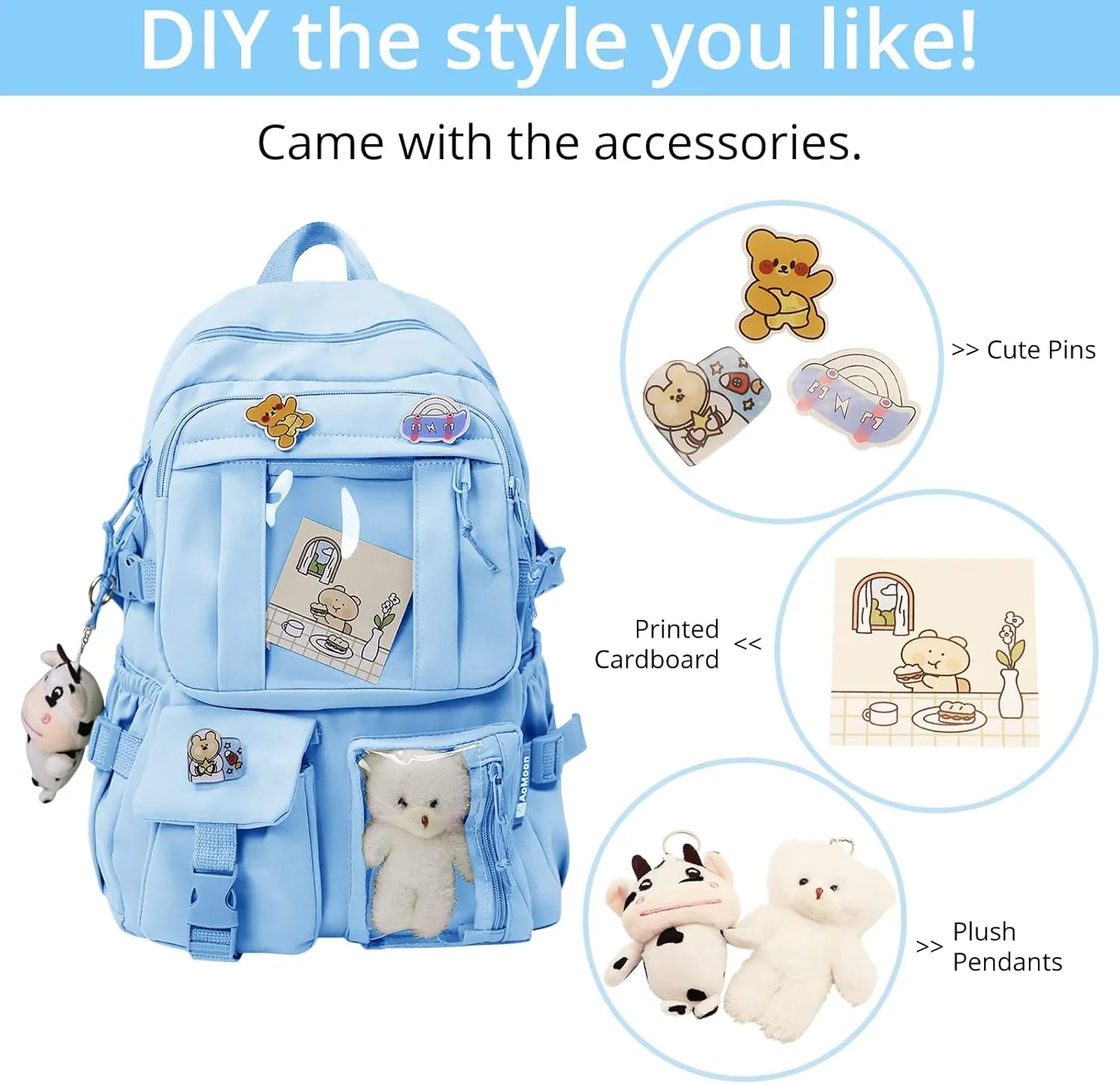 AoMoon Kawaii Backpack Lovely Pastel Rucksack for Teen Girls Aesthetic Student Bookbags with Kawaii Pin and Cute Accessories (Light Blue-C)