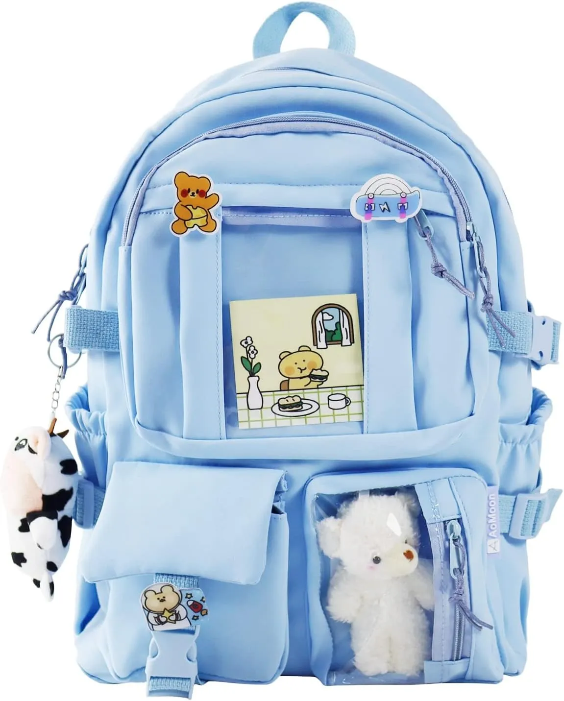 AoMoon Kawaii Backpack Lovely Pastel Rucksack for Teen Girls Aesthetic Student Bookbags with Kawaii Pin and Cute Accessories (Light Blue-C)