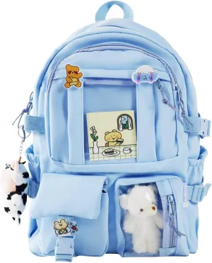 AoMoon Kawaii Backpack Lovely Pastel Rucksack for Teen Girls Aesthetic Student Bookbags with Kawaii Pin and Cute Accessories (Light Blue-C)