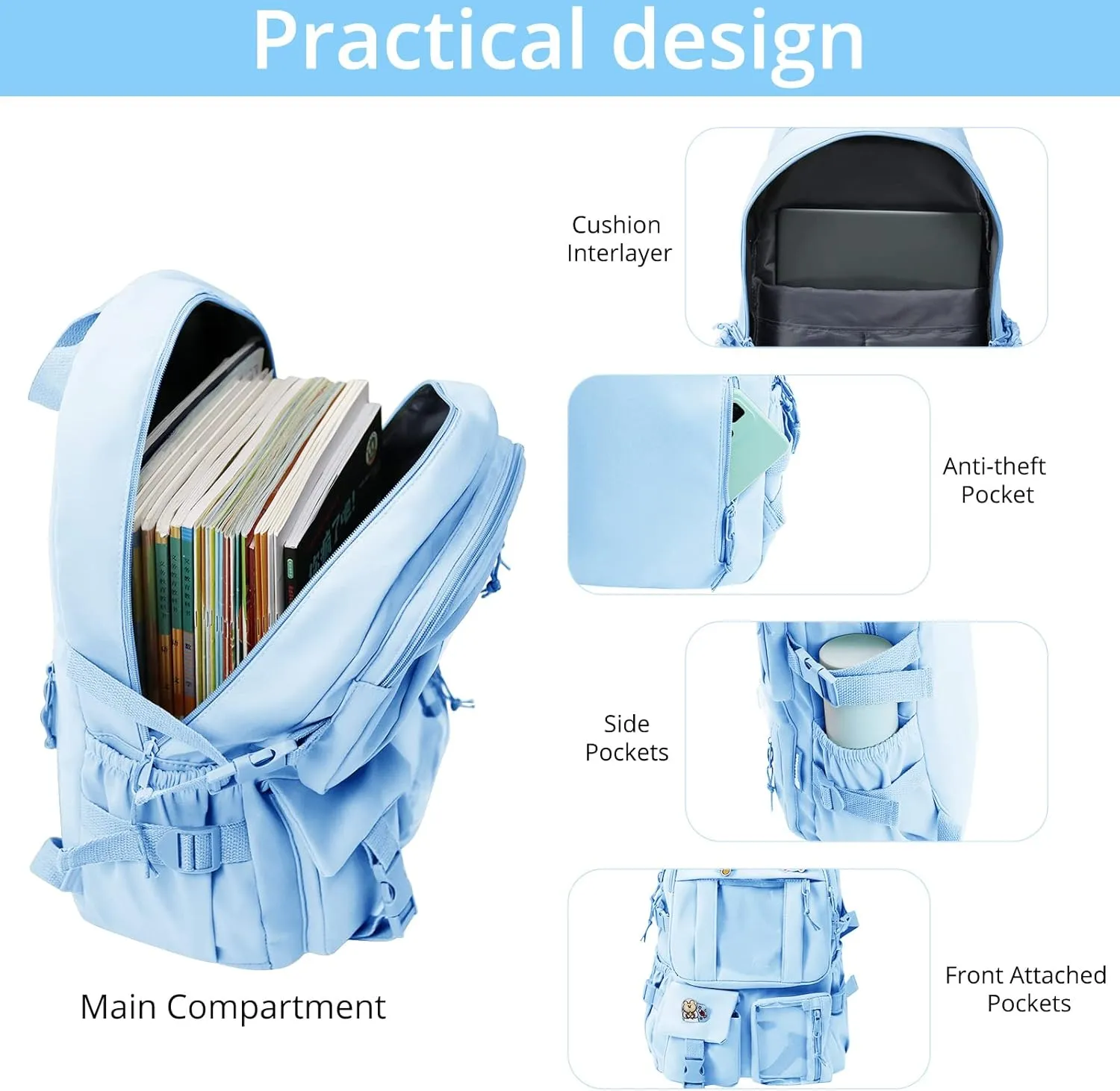 AoMoon Kawaii Backpack Lovely Pastel Rucksack for Teen Girls Aesthetic Student Bookbags with Kawaii Pin and Cute Accessories (Light Blue-C)