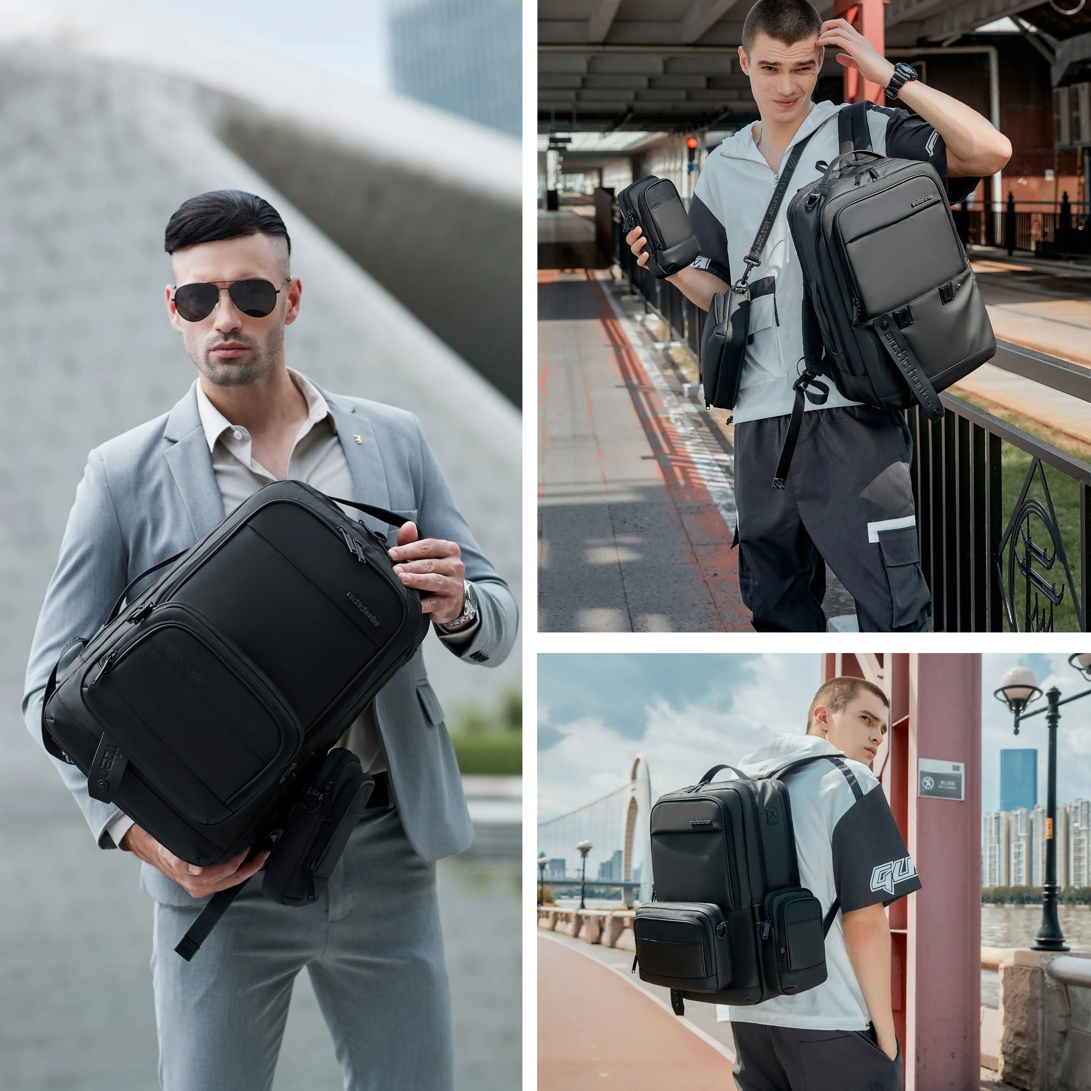 Arctic Hunter 3 in 1 Water Resistant Unisex 17.3-inch Backpack Convertible Slim Daypack with 2 small bag and Built-in USB Jack for Casual and Business, B00483 Black