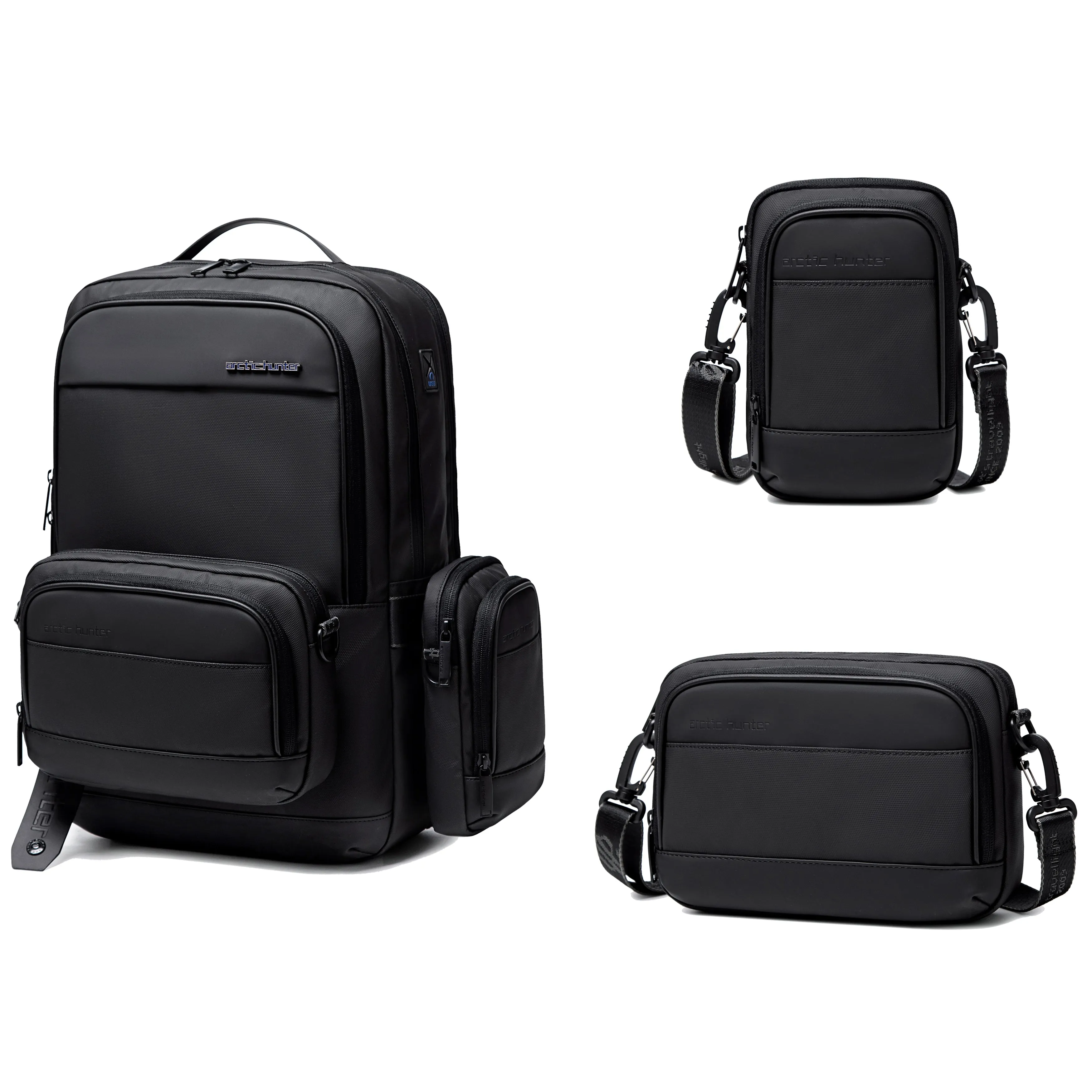 Arctic Hunter 3 in 1 Water Resistant Unisex 17.3-inch Backpack Convertible Slim Daypack with 2 small bag and Built-in USB Jack for Casual and Business, B00483 Black