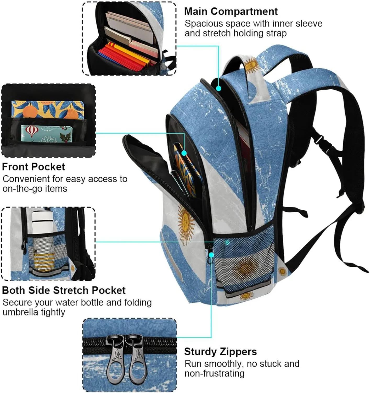 Argentina Flag Backpack for Girls Kids Boys School Bookbags, Student Laptop Backpack Carrying Bag Casual Lightweight Travel Sports Day Packs
