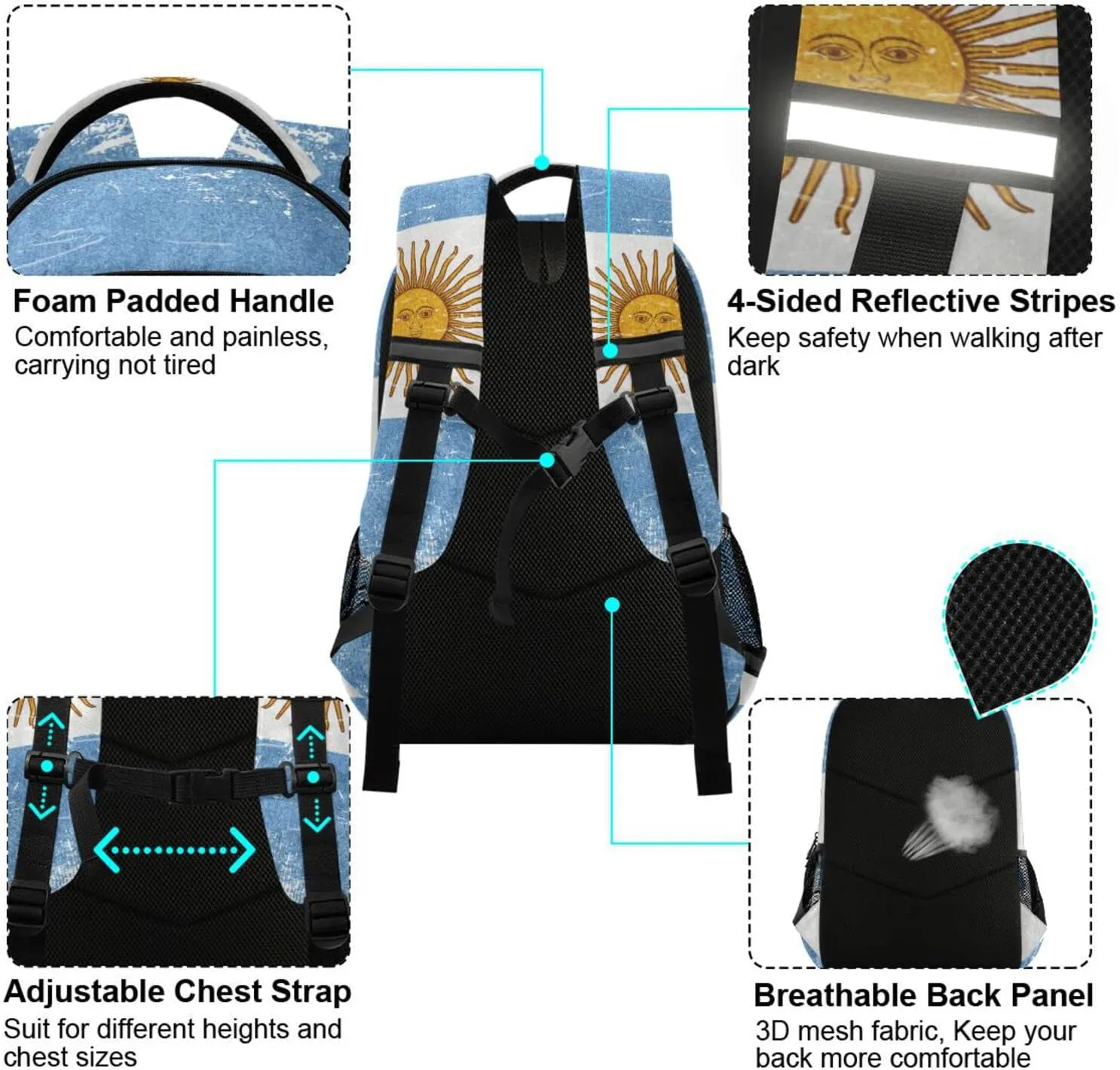 Argentina Flag Backpack for Girls Kids Boys School Bookbags, Student Laptop Backpack Carrying Bag Casual Lightweight Travel Sports Day Packs