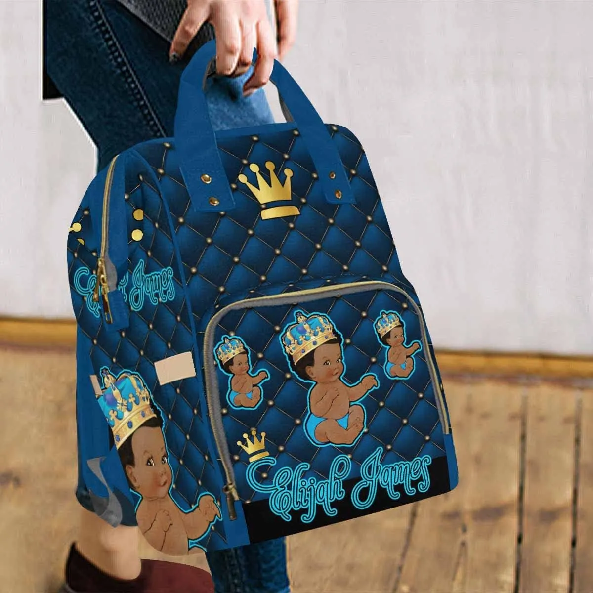 Artsadd Custom Name Diaper Bag Mommy Nappy Bags, Personalized Dark Blue Crown Handbags Large Capacity Multi-Function Nursing Bags for Outdoor Travel