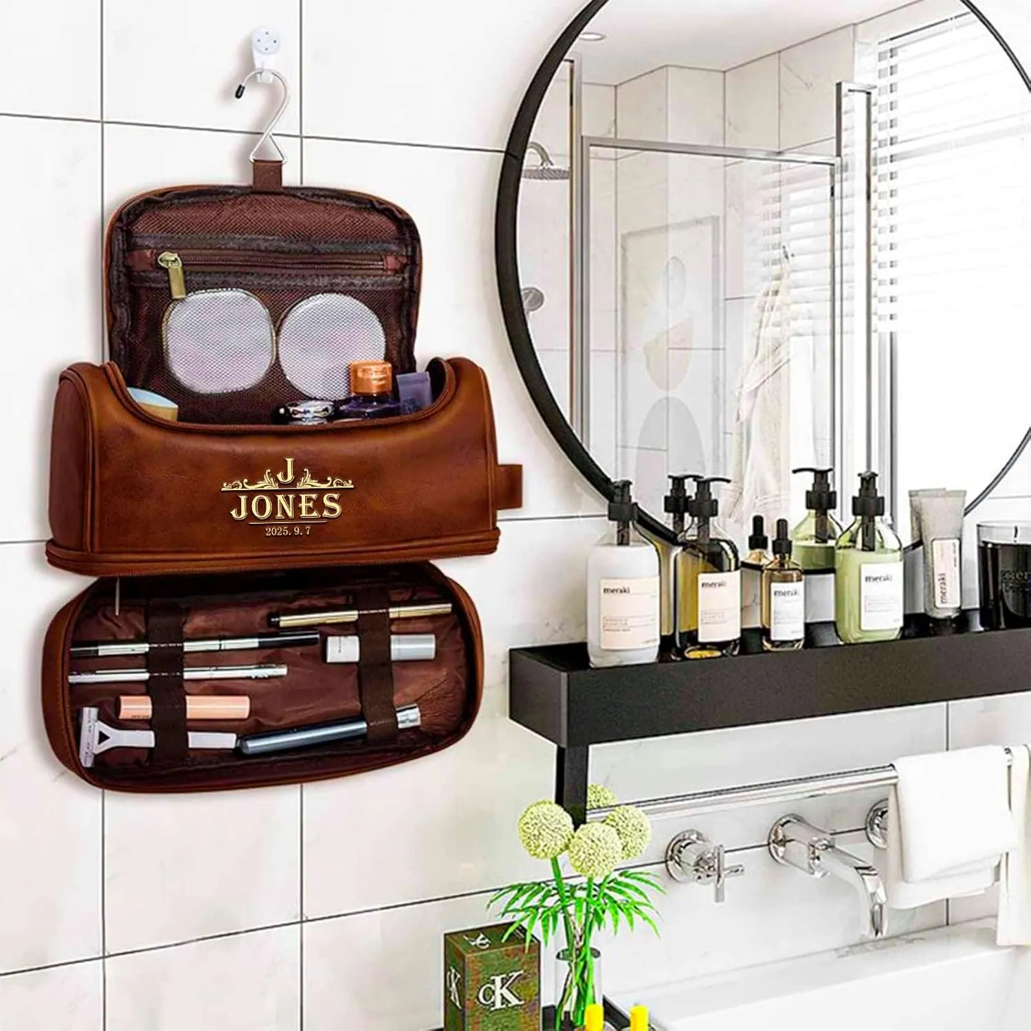 Artsadd Personalized Name Toiletry Bag for Men, Custom Leather Travel Toiletry Bag,Double Sided Customization, Gift for Dad, Son, Boyfriend, Husband, Father’s Day, Birthday