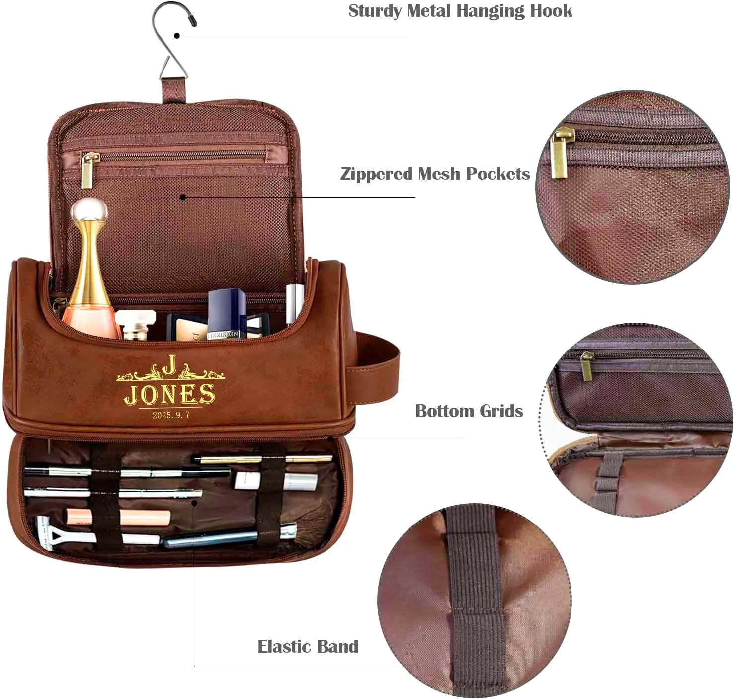 Artsadd Personalized Name Toiletry Bag for Men, Custom Leather Travel Toiletry Bag,Double Sided Customization, Gift for Dad, Son, Boyfriend, Husband, Father’s Day, Birthday