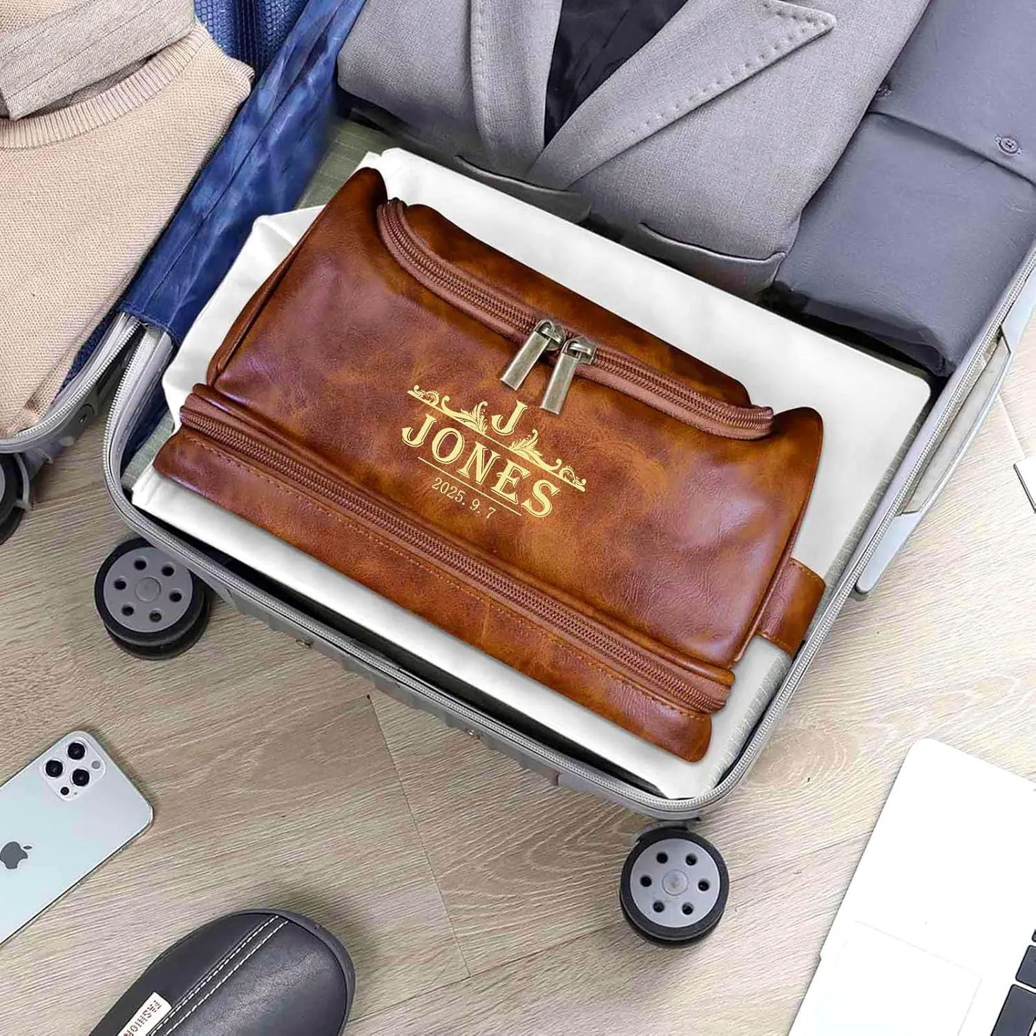 Artsadd Personalized Name Toiletry Bag for Men, Custom Leather Travel Toiletry Bag,Double Sided Customization, Gift for Dad, Son, Boyfriend, Husband, Father’s Day, Birthday