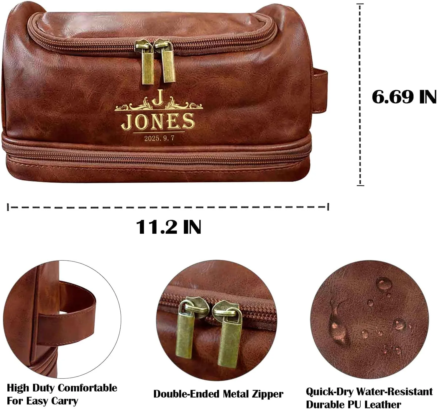 Artsadd Personalized Name Toiletry Bag for Men, Custom Leather Travel Toiletry Bag,Double Sided Customization, Gift for Dad, Son, Boyfriend, Husband, Father’s Day, Birthday