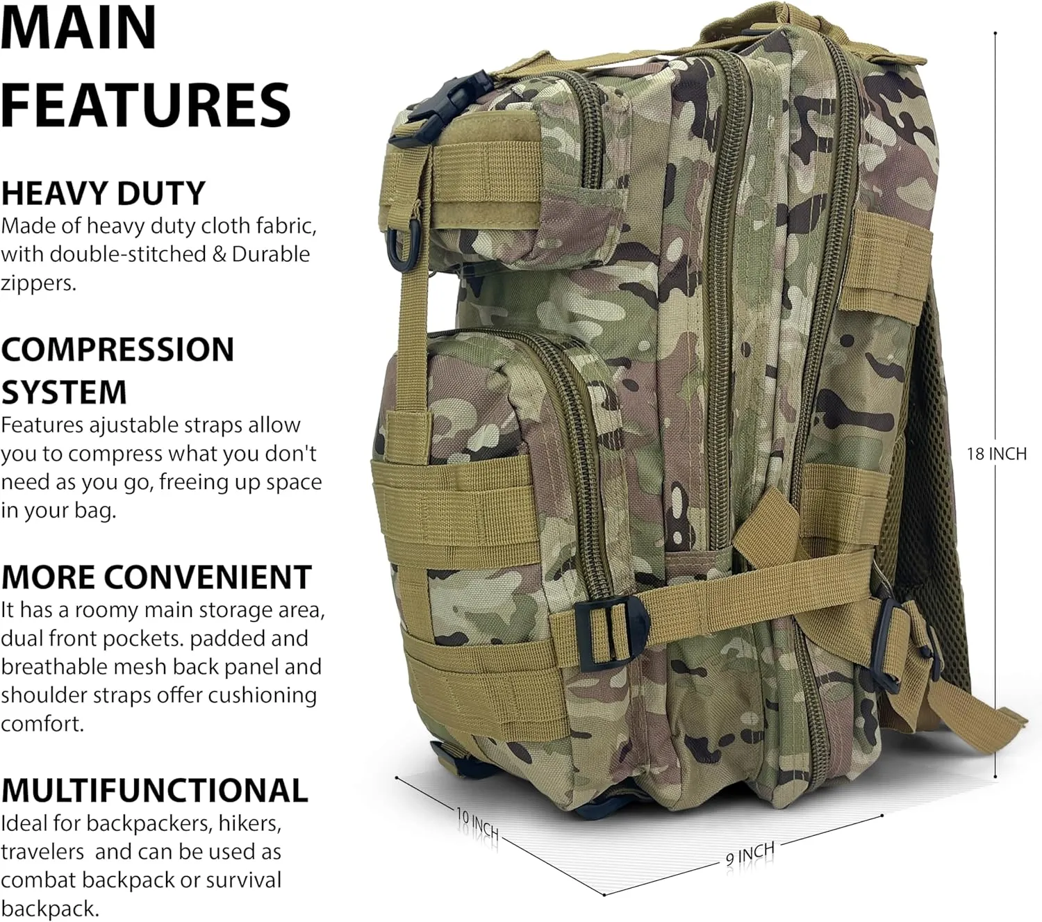 ASA TECHMED Large Tactical Backpack - IFAK Military-Grade Assault Pack, Everyday Carry Use, Military Backpacks Tactical (Green Camo)