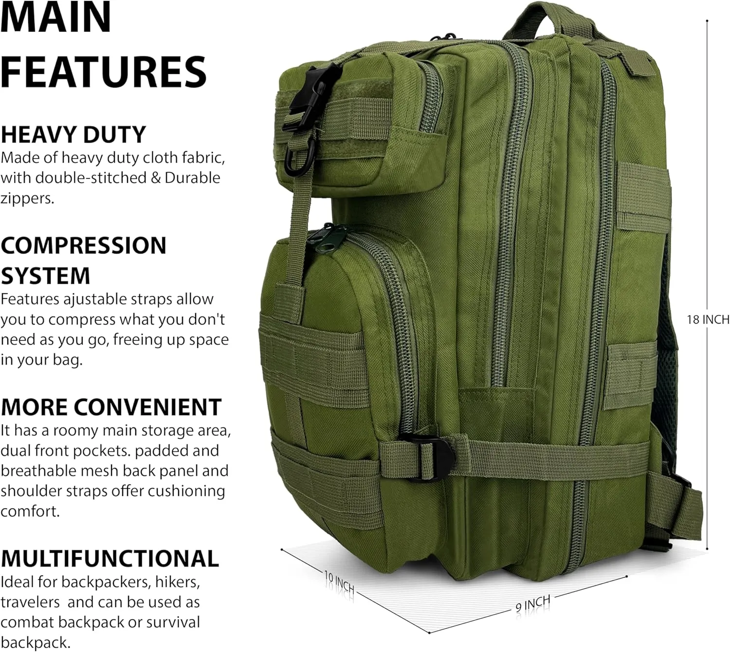 ASA TECHMED Large Tactical Backpack - IFAK Military-Grade Assault Pack, Everyday Carry Use, Military Backpacks Tactical (Green)