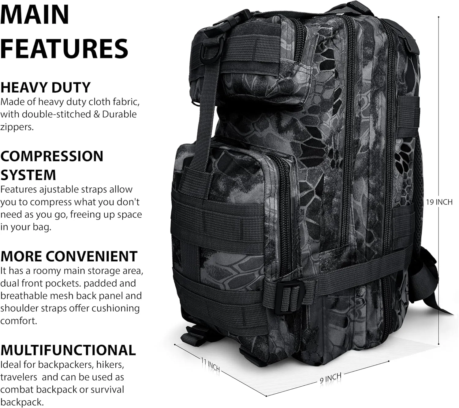 ASA TECHMED Large Tactical Backpack - IFAK Military-Grade Assault Pack, Everyday Carry Use, Military Backpacks Tactical (Snake Black)