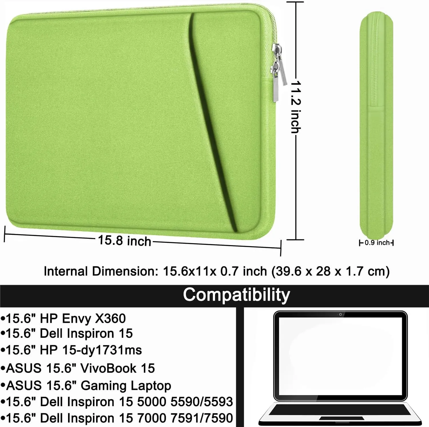 Askuko Laptop Sleeve, Shockproof Protective Computer Case, Handbags Portable Laptop Bag for 15.6 inch HP Dell Asus Lenovo Notebook Computer with Front Pocket, Light Green