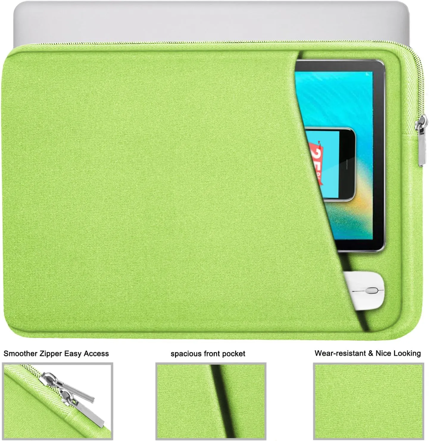 Askuko Laptop Sleeve, Shockproof Protective Computer Case, Handbags Portable Laptop Bag for 15.6 inch HP Dell Asus Lenovo Notebook Computer with Front Pocket, Light Green