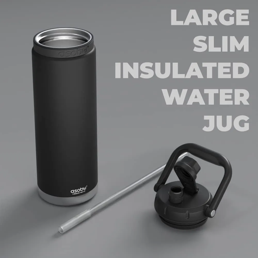 Asobu Canyon Insulated Water Jug 48oz Tall & Slim Design Full Handle with Silicone Comfort Grip Easy Clean - Stainless Steel Vacuum Insulated - Wide Mouth - Cold Water and Ice Compatible (Black)