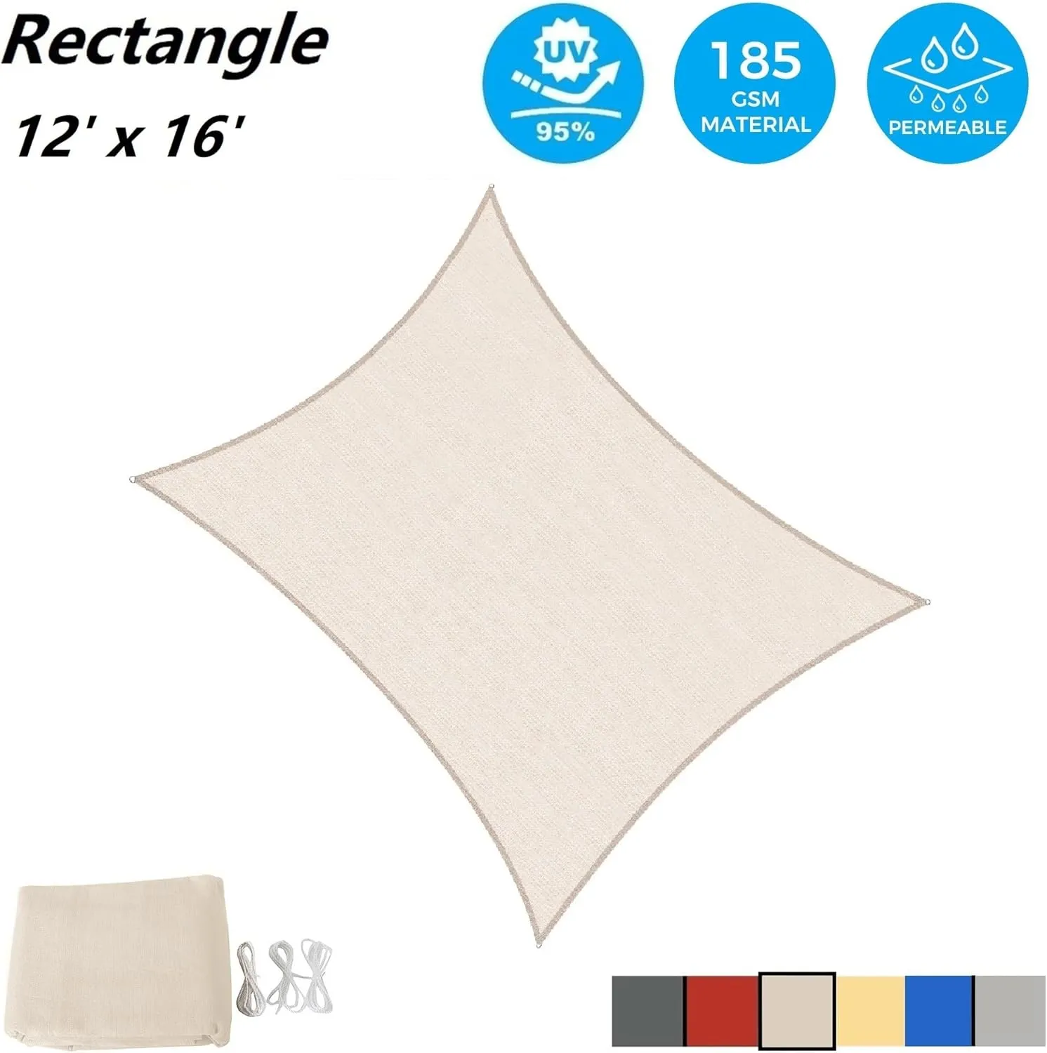 AsterOutdoor Sun Shade Sail Rectangle 12' x 16' UV Block Canopy for Patio Backyard Lawn Garden Outdoor Activities, Cream