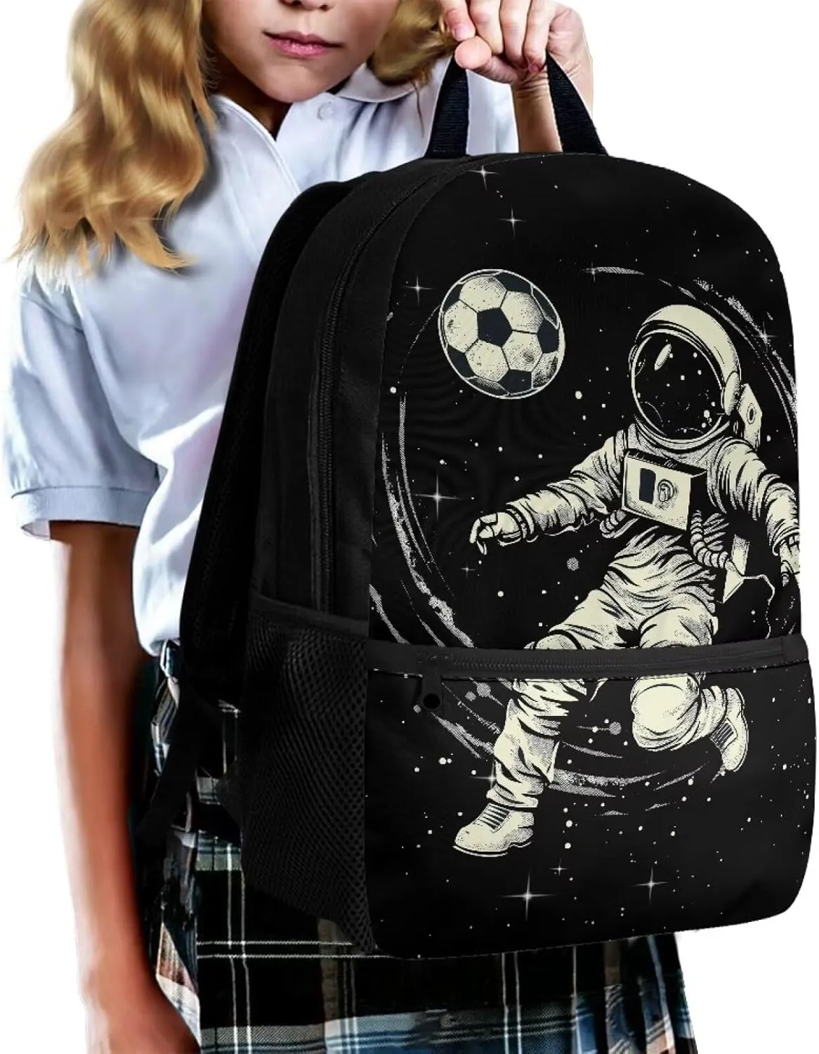 Astronaut Soccer Backpack for Boys 8-12/6-8 Black Bookbag for Girls 3rd Grade Spack School Backpack Kids Preschool Elementary Book Bag Pack