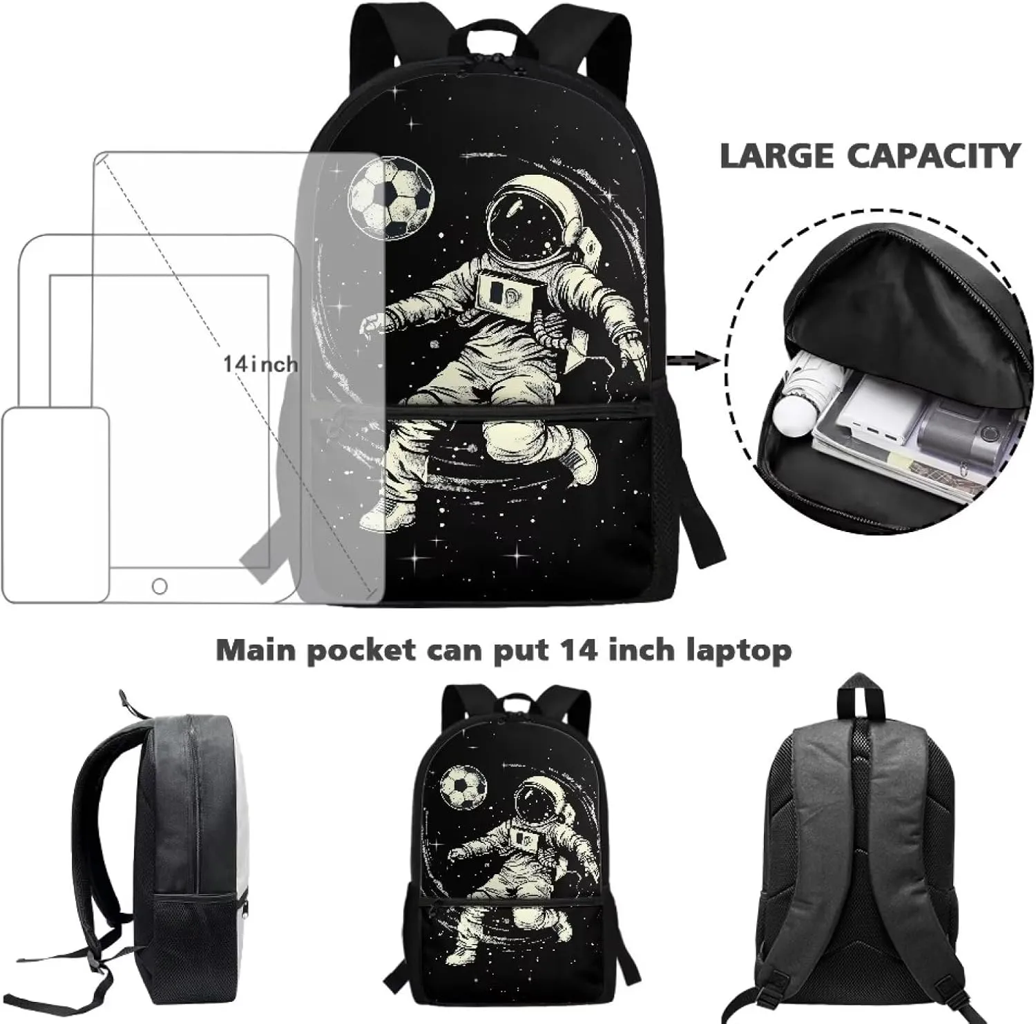 Astronaut Soccer Backpack for Boys 8-12/6-8 Black Bookbag for Girls 3rd Grade Spack School Backpack Kids Preschool Elementary Book Bag Pack
