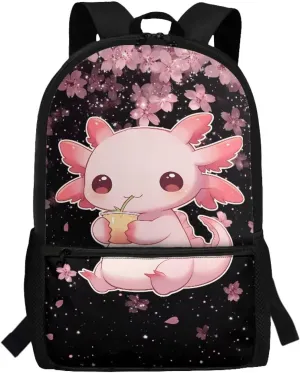 Axolotl Kids Backpack Girls 8-10 Cherry Blossom School Bag Elementary Middle Student Bookbag 17 inch Children Cute Schoolbag for Travel Camping Work Back Packs Casual Daypack