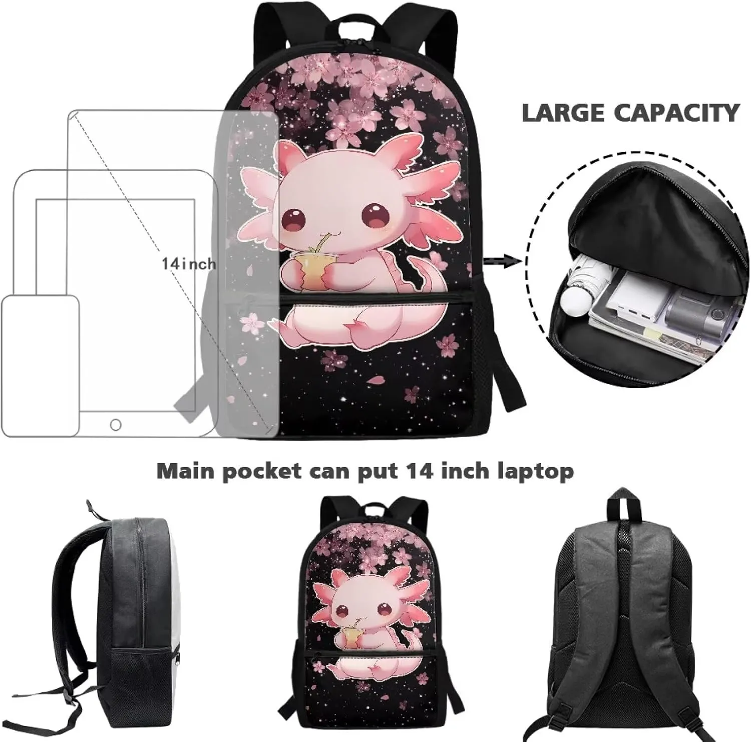 Axolotl Kids Backpack Girls 8-10 Cherry Blossom School Bag Elementary Middle Student Bookbag 17 inch Children Cute Schoolbag for Travel Camping Work Back Packs Casual Daypack