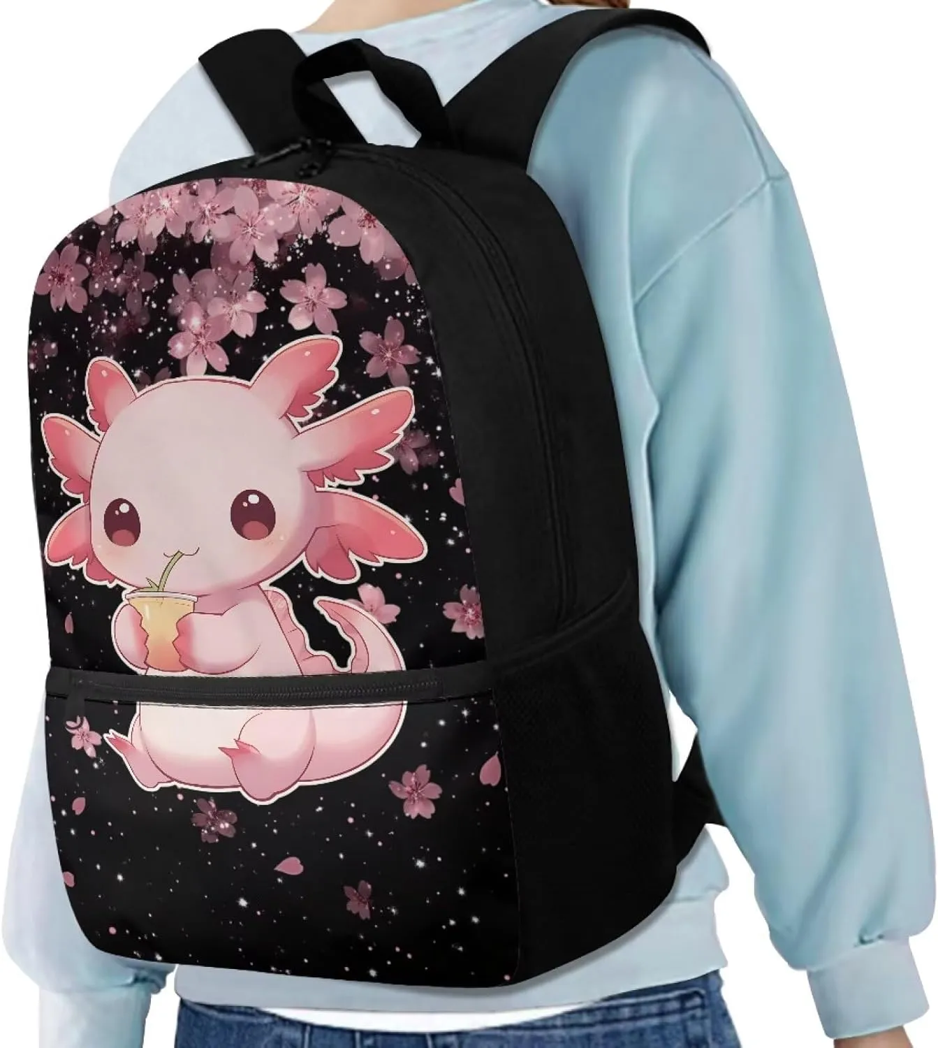 Axolotl Kids Backpack Girls 8-10 Cherry Blossom School Bag Elementary Middle Student Bookbag 17 inch Children Cute Schoolbag for Travel Camping Work Back Packs Casual Daypack
