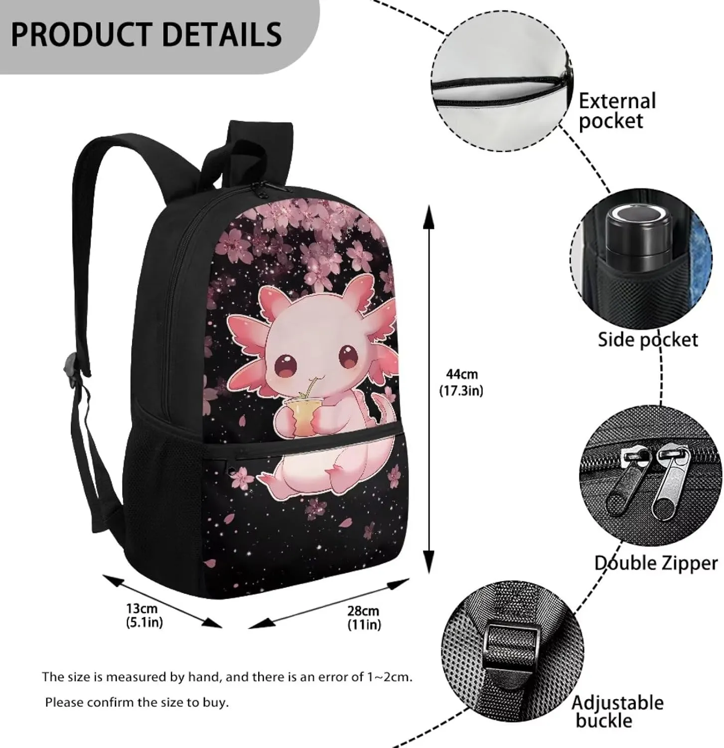 Axolotl Kids Backpack Girls 8-10 Cherry Blossom School Bag Elementary Middle Student Bookbag 17 inch Children Cute Schoolbag for Travel Camping Work Back Packs Casual Daypack