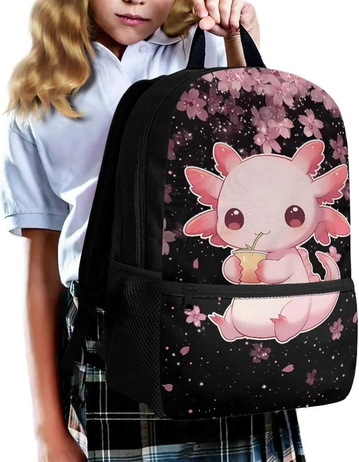 Axolotl Kids Backpack Girls 8-10 Cherry Blossom School Bag Elementary Middle Student Bookbag 17 inch Children Cute Schoolbag for Travel Camping Work Back Packs Casual Daypack