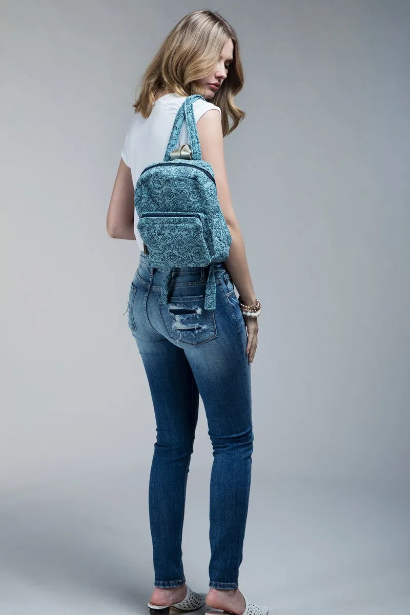 Back Pack Denim Blue Printed Vine