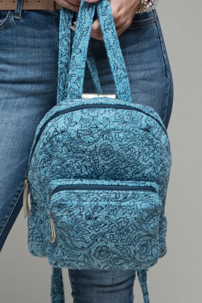 Back Pack Denim Blue Printed Vine