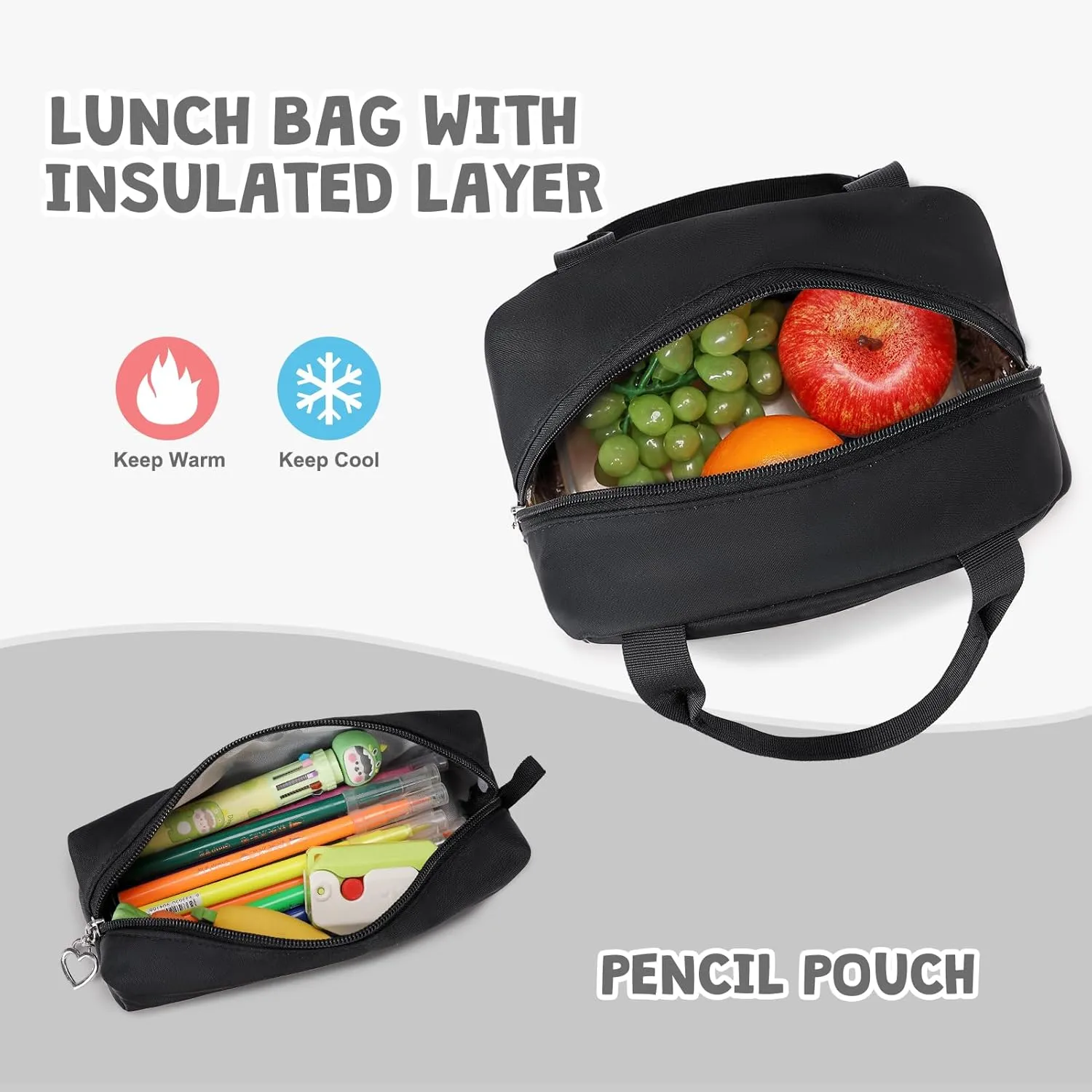 Backpack for Girls - Girls Backpack with Lunch Bag & Pencil Pouch for Teen Girls Kids Laptop Backpack for Women, Elementary Middle High School Bookbag Travel Daypack (Black)