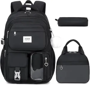 Backpack for Girls - Girls Backpack with Lunch Bag & Pencil Pouch for Teen Girls Kids Laptop Backpack for Women, Elementary Middle High School Bookbag Travel Daypack (Black)