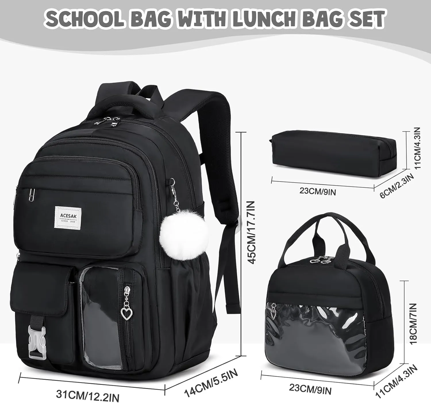 Backpack for Girls - Girls Backpack with Lunch Bag & Pencil Pouch for Teen Girls Kids Laptop Backpack for Women, Elementary Middle High School Bookbag Travel Daypack (Black)