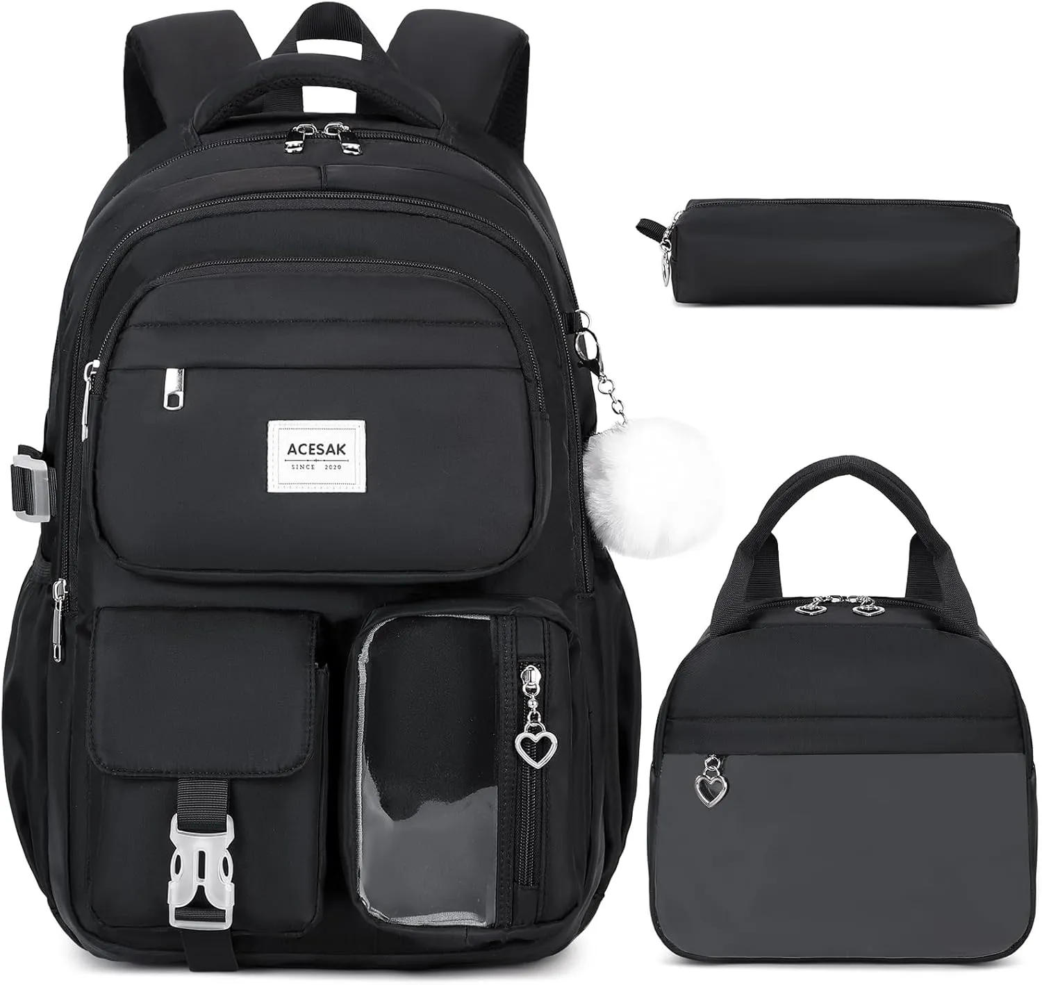 Backpack for Girls - Girls Backpack with Lunch Bag & Pencil Pouch for Teen Girls Kids Laptop Backpack for Women, Elementary Middle High School Bookbag Travel Daypack (Black)