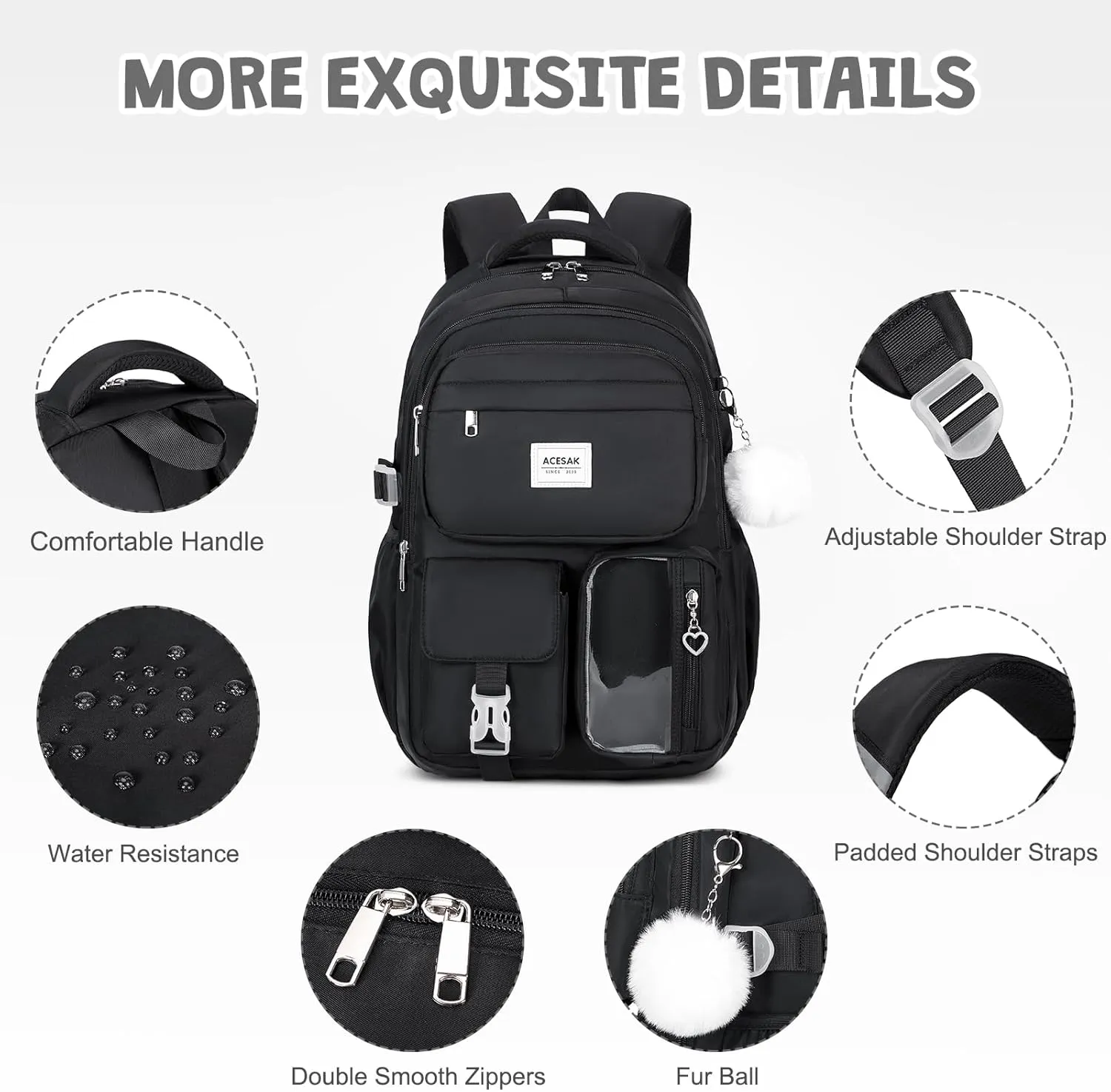 Backpack for Girls - Girls Backpack with Lunch Bag & Pencil Pouch for Teen Girls Kids Laptop Backpack for Women, Elementary Middle High School Bookbag Travel Daypack (Black)
