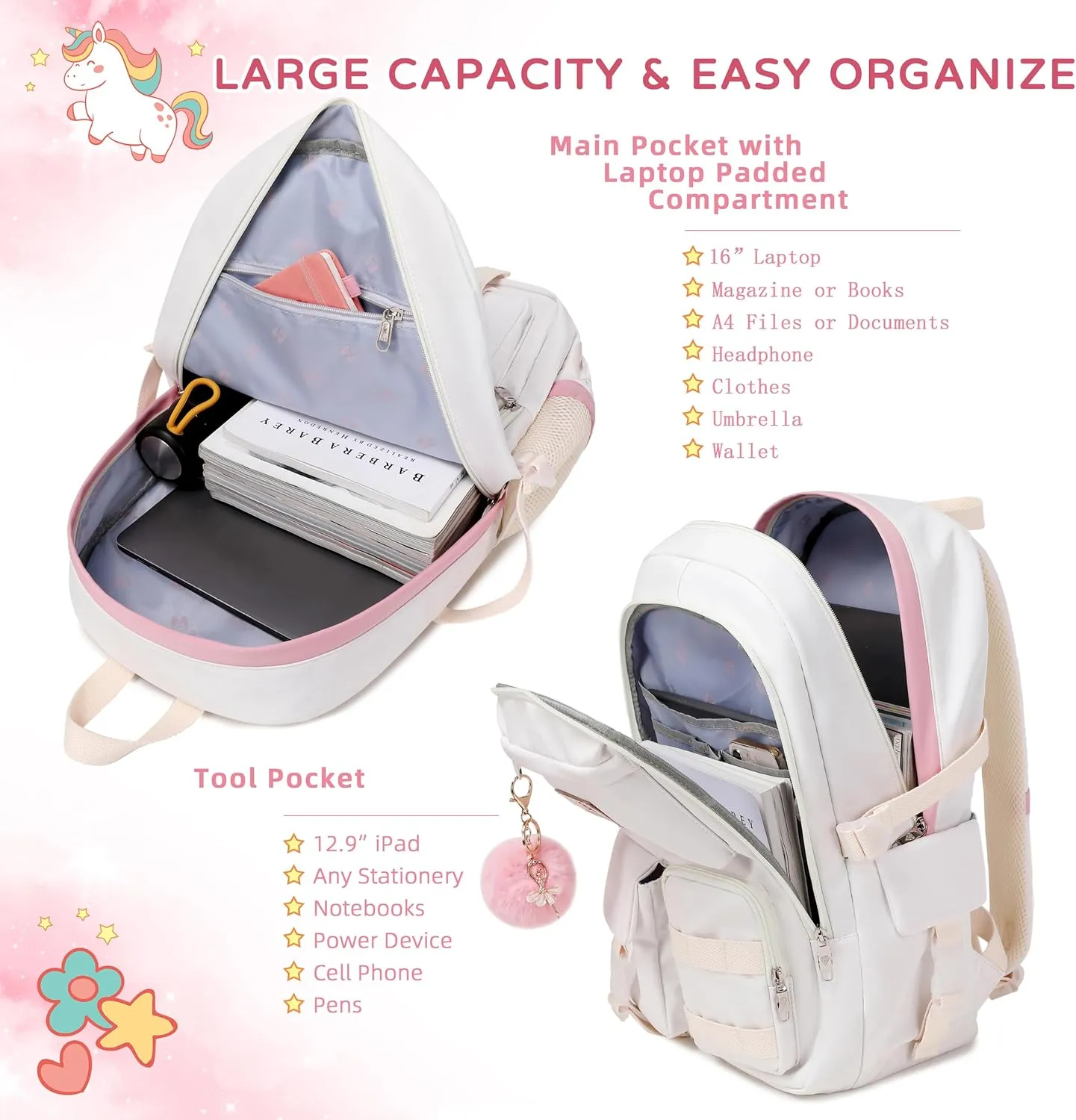 Backpack for Girls Laptop Backpacks 15.6 Inch College Cute Bookbag Anti Theft Primary Elementary School Bag Casual Daypack for Students Teens Girl Women (Beige)