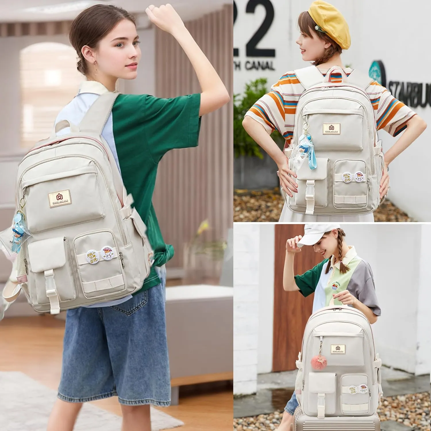 Backpack for Girls Laptop Backpacks 15.6 Inch College Cute Bookbag Anti Theft Primary Elementary School Bag Casual Daypack for Students Teens Girl Women (Beige)