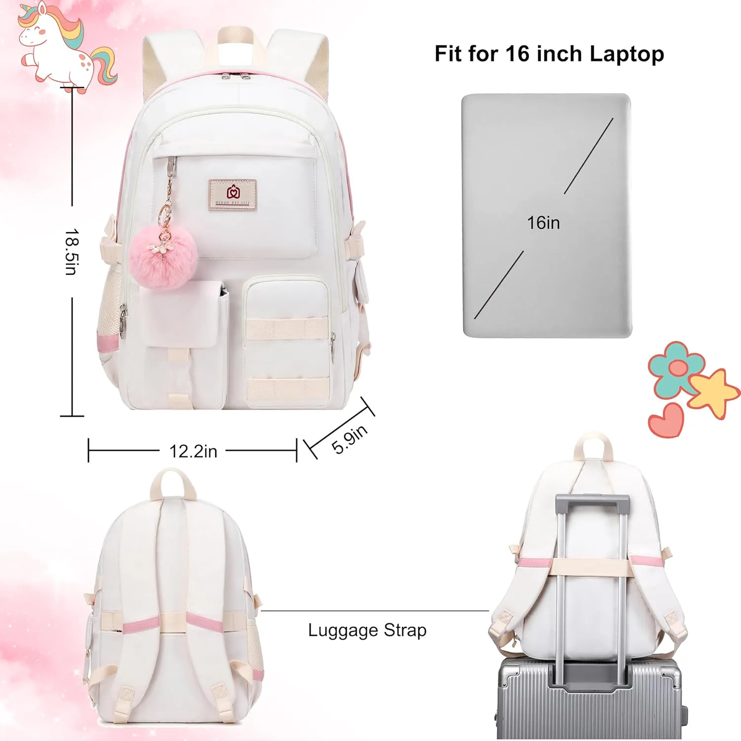 Backpack for Girls Laptop Backpacks 15.6 Inch College Cute Bookbag Anti Theft Primary Elementary School Bag Casual Daypack for Students Teens Girl Women (Beige)