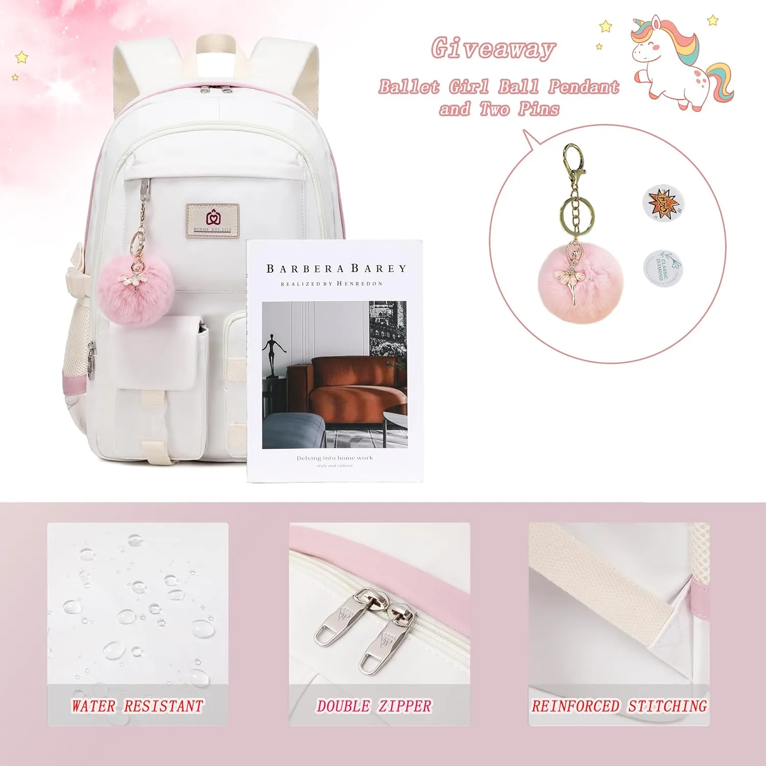 Backpack for Girls Laptop Backpacks 15.6 Inch College Cute Bookbag Anti Theft Primary Elementary School Bag Casual Daypack for Students Teens Girl Women (Beige)