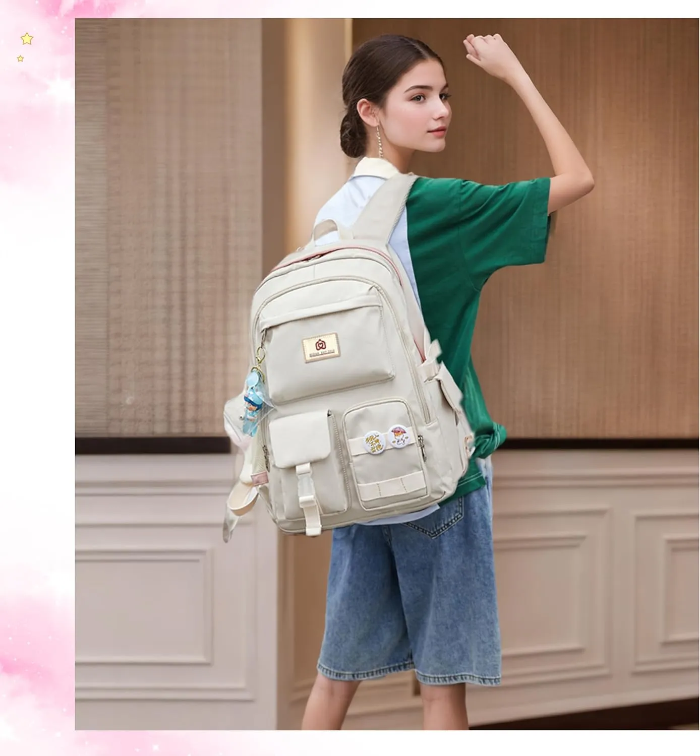 Backpack for Girls Laptop Backpacks 15.6 Inch College Cute Bookbag Anti Theft Primary Elementary School Bag Casual Daypack for Students Teens Girl Women (Beige)