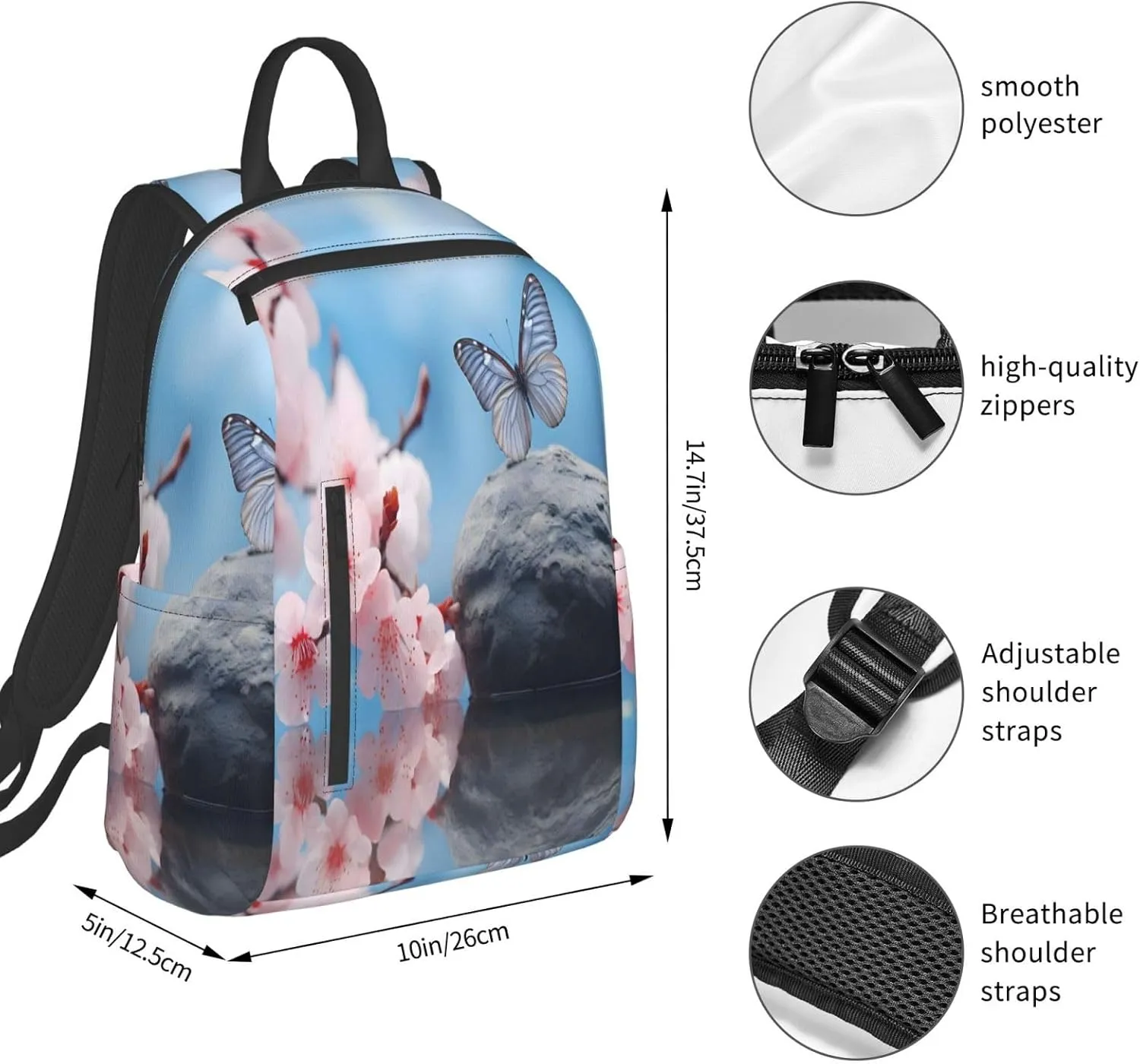 Backpack For Women Men Cherry Flower Butterly Bookbag Lightweight Travel Casual Daypack Water Resistant Outdoor Hiking Sport Rucksack