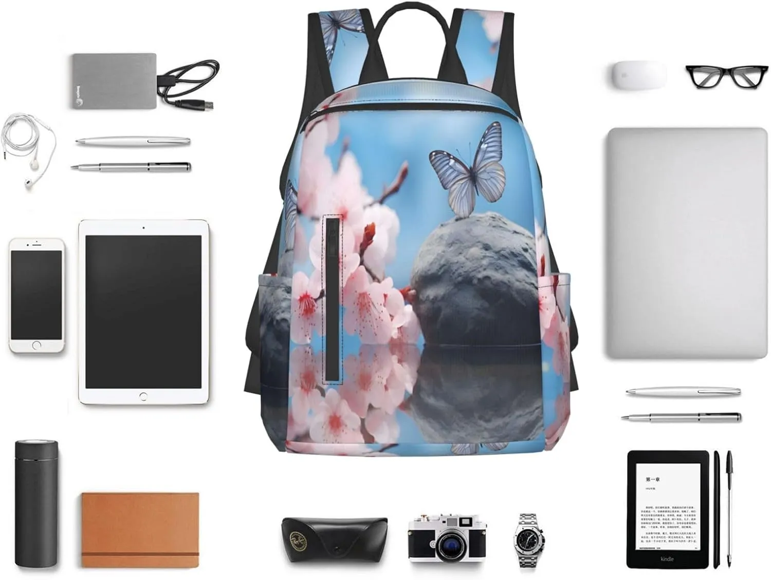 Backpack For Women Men Cherry Flower Butterly Bookbag Lightweight Travel Casual Daypack Water Resistant Outdoor Hiking Sport Rucksack