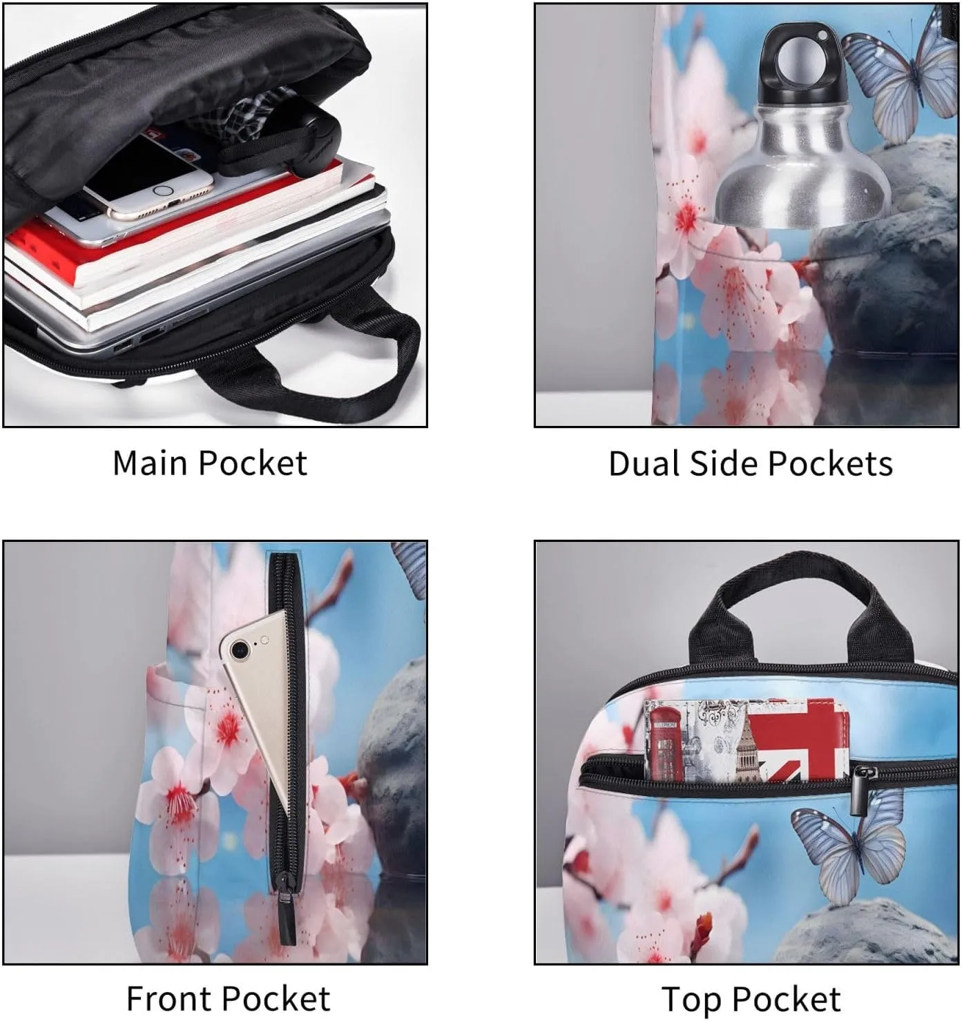 Backpack For Women Men Cherry Flower Butterly Bookbag Lightweight Travel Casual Daypack Water Resistant Outdoor Hiking Sport Rucksack
