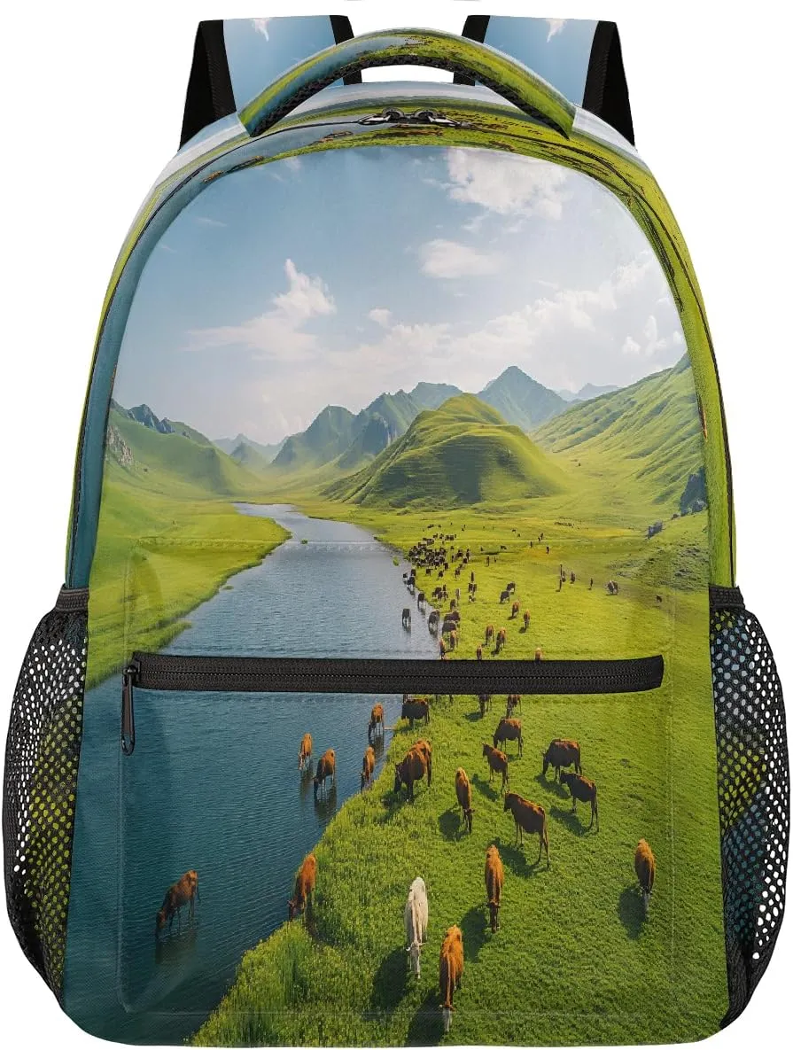 Backpack Grassland Cattle Scenery Laptop Backpacks Casual College Travel Bag Hiking Daypack for Women Men