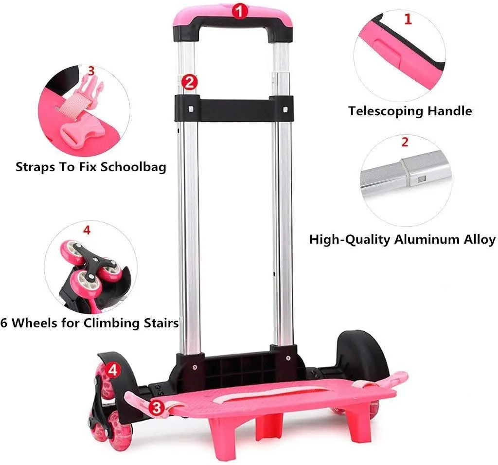 Backpack Hand Truck Wheeled Cart Trolley Hand Aluminium Alloy Folding Trolley Cart for Schoolbag/Backpack (Pink with Six Wheels)