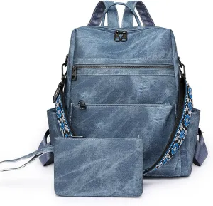 Backpack Purse for Women Large Vegan PU Leather Backpack Ladies Anti-theft Rucksack Fashion Shoulder Bag Waterproof Handbags for Travel Hiking Working, Blue